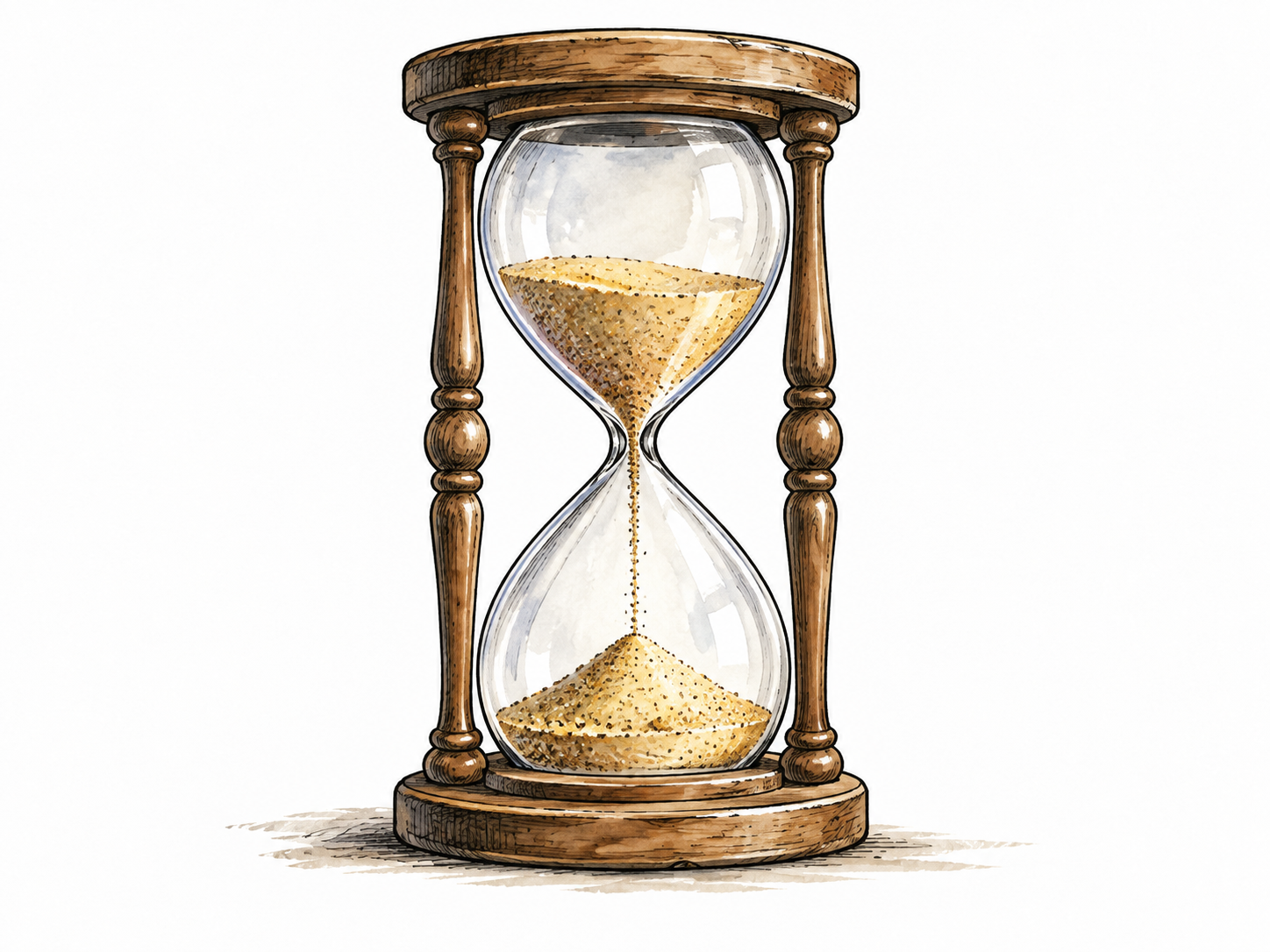 An hourglass with a measured stream of sand between two bulbs, conveying elapsed time.