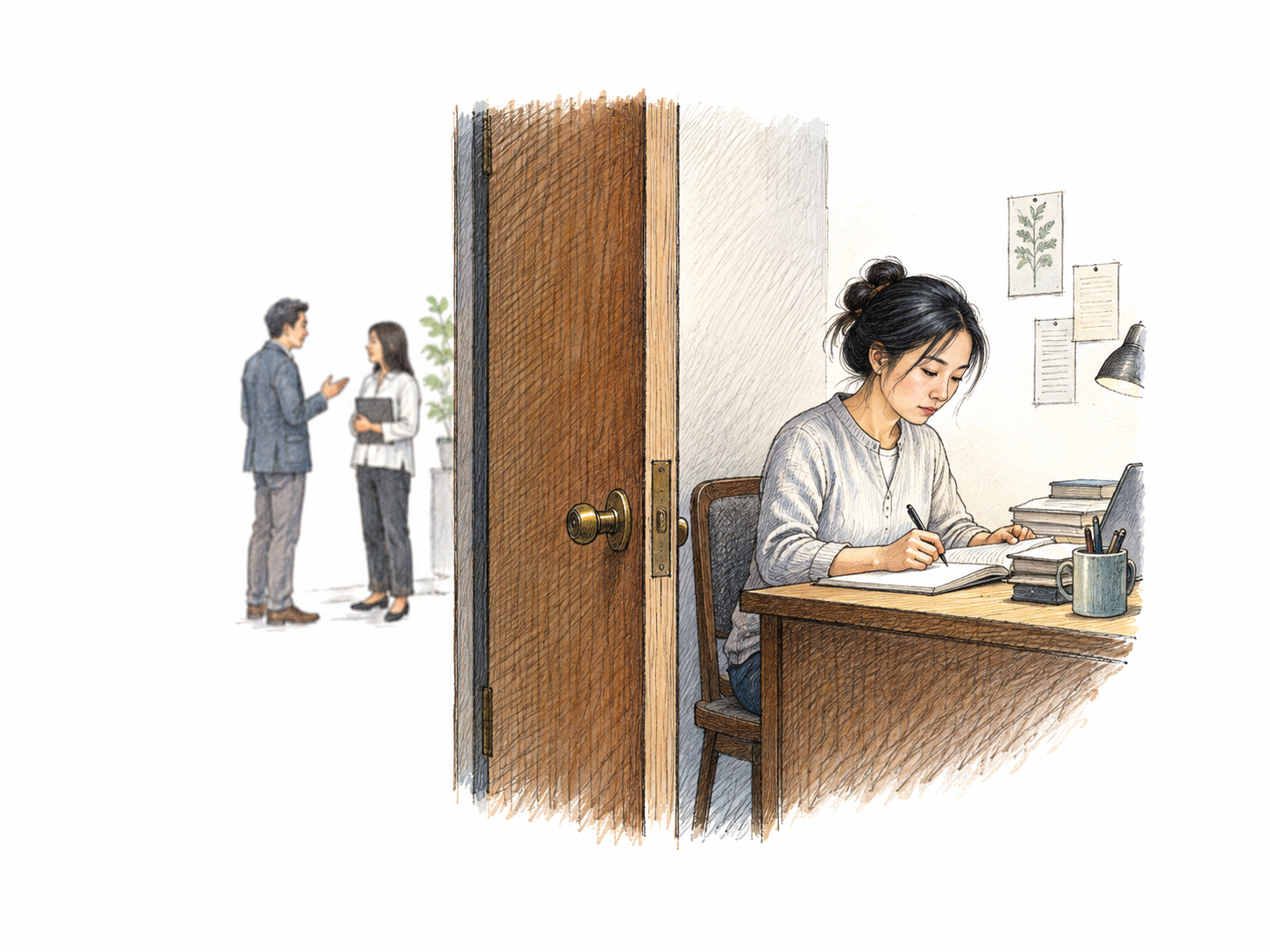 Person works alone at a small desk behind a partly closed door, physical separation from a tiny distant pair outside, no loneliness stereotype; sparse door/desk only.