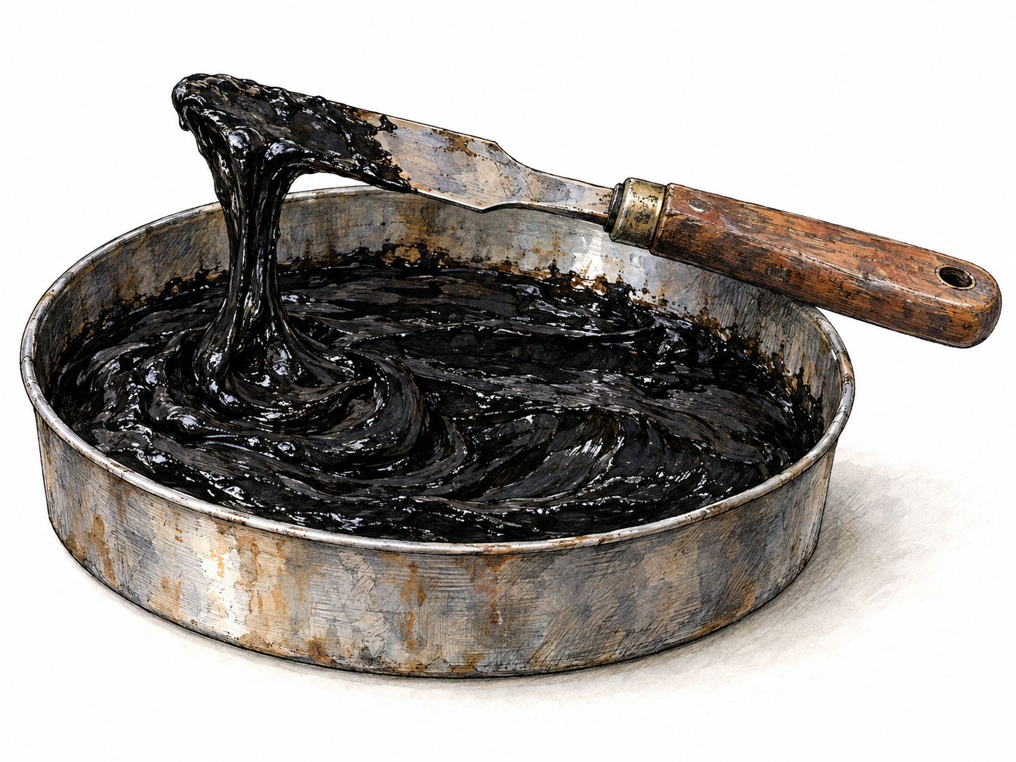 A shallow metal pan of thick black mineral pitch, with a lifted palette knife drawing out a short sticky ribbon to reveal its tar-like consistency.