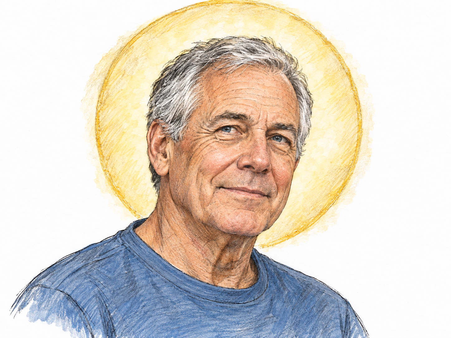 An older man shown in a simple bust portrait, with a luminous, softly cloud-edged golden halo surrounding his head.