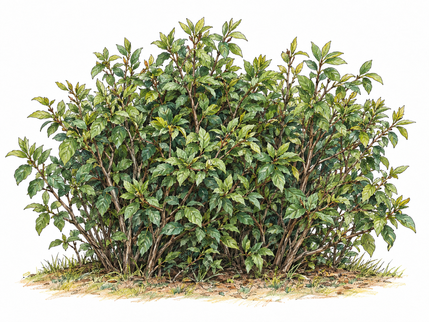 A compact thicket of tightly packed leafy shrubs, with overlapping branches and foliage blocking the view through its center.