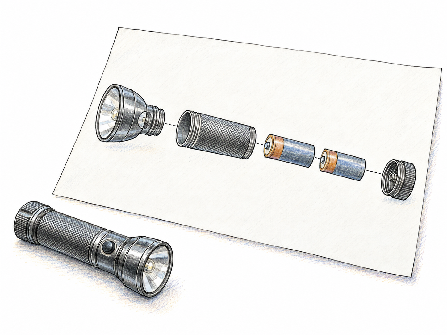 A small assembled flashlight beside a sheet showing a simplified exploded drawing of its parts, aligned with dashed connection lines to explain how they fit together.