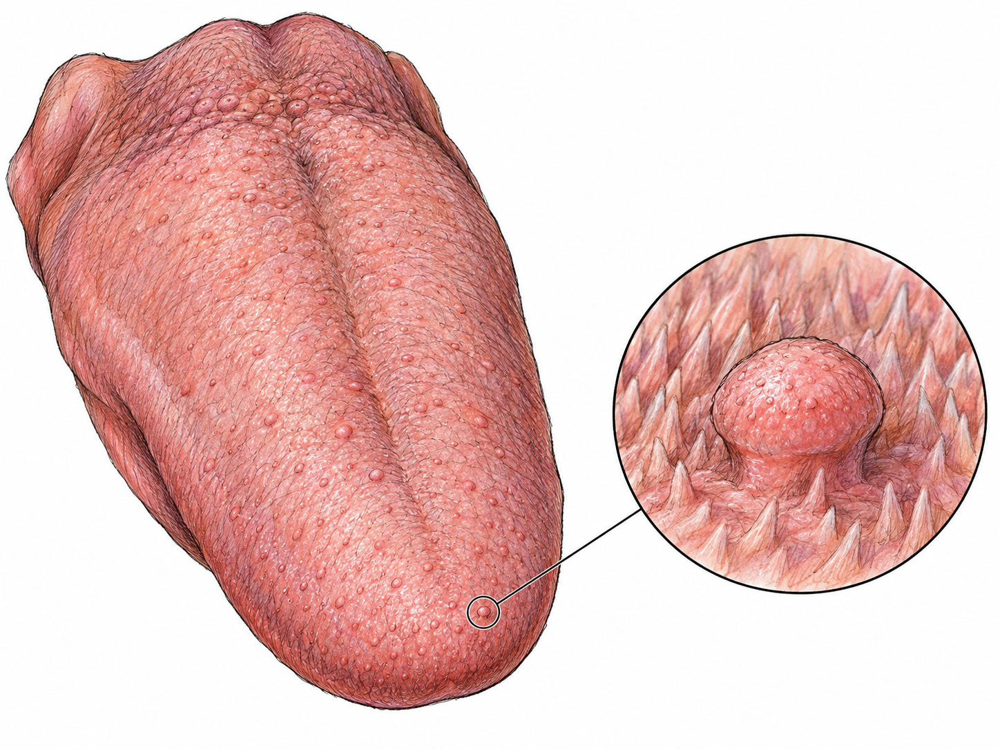 An isolated anatomical study of a human tongue, with a restrained circular magnified detail showing a rounded fungiform papilla rising above the finer surrounding surface projections.
