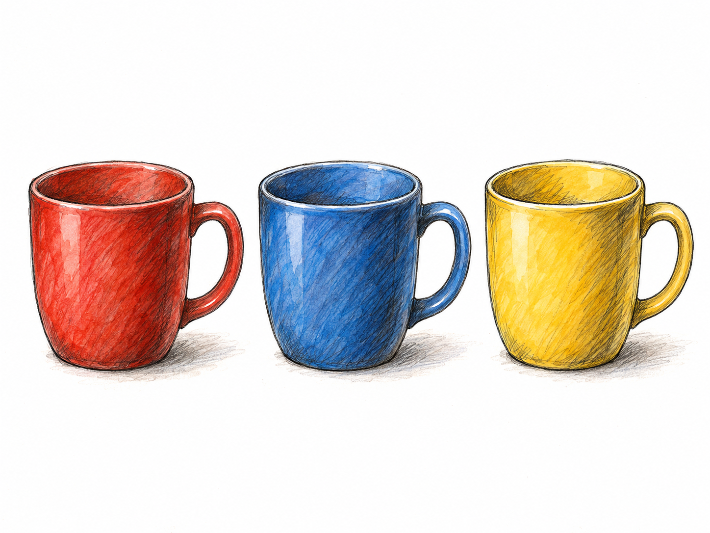 Three identical ceramic cups in red, blue, and yellow, arranged side by side so their different colors are the clear focus.
