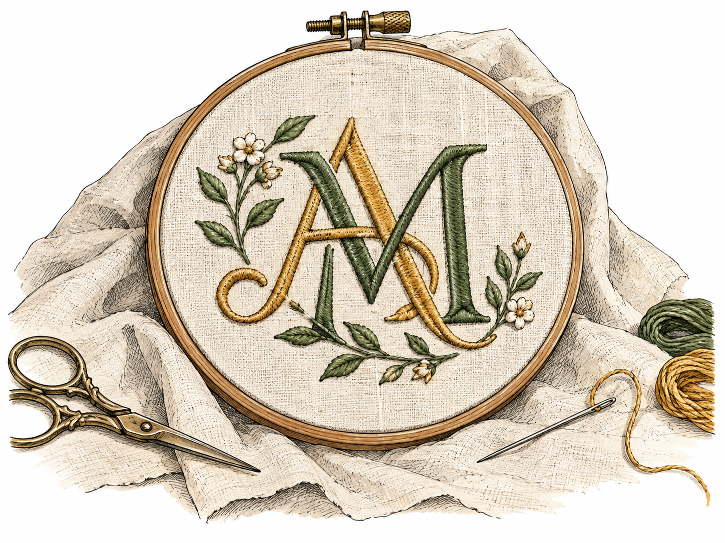 Elegant embroidered interlocking A and M initials on linen.