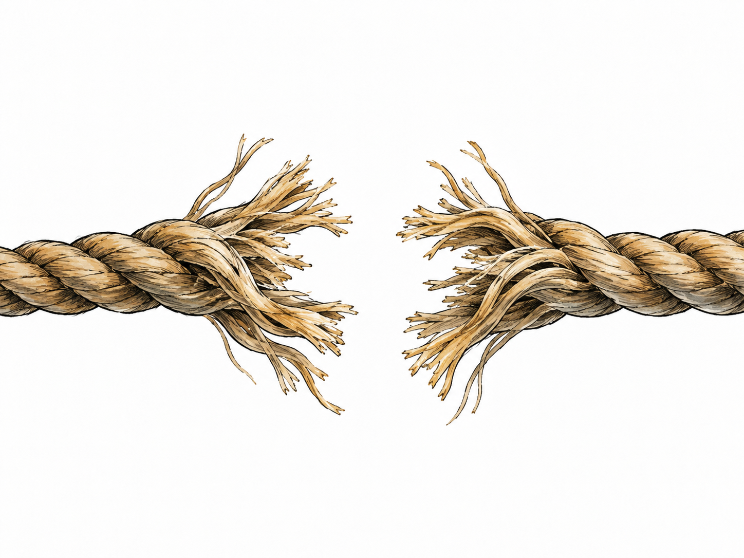 Thick rope lies pulled apart into two separated frayed ends with clear gap, nonviolent object still life.