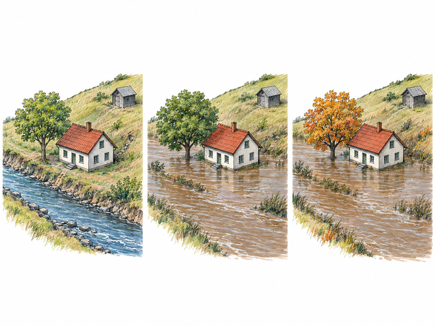 Show a flood-prone house: its low position beside a river and repeated flooding across different seasons make susceptibility visible rather than showing only one disaster.