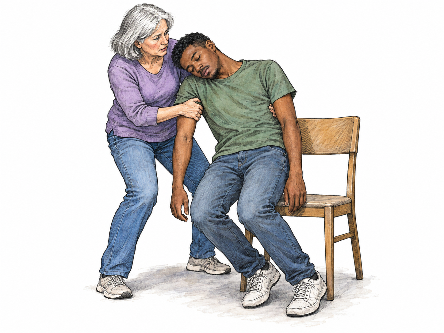 A young man faints beside a chair, his knees buckling and arms hanging limp as an older woman catches and supports his upper body.