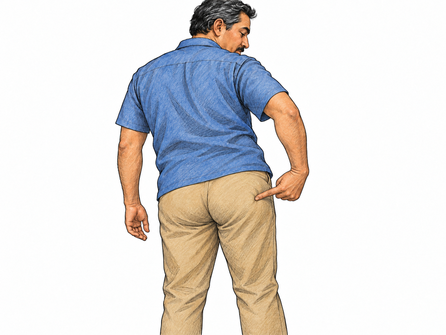 A simple rear three-quarter view of a fully clothed adult man pointing to the seat of his trousers, clearly locating the buttocks without nudity or sexual framing.