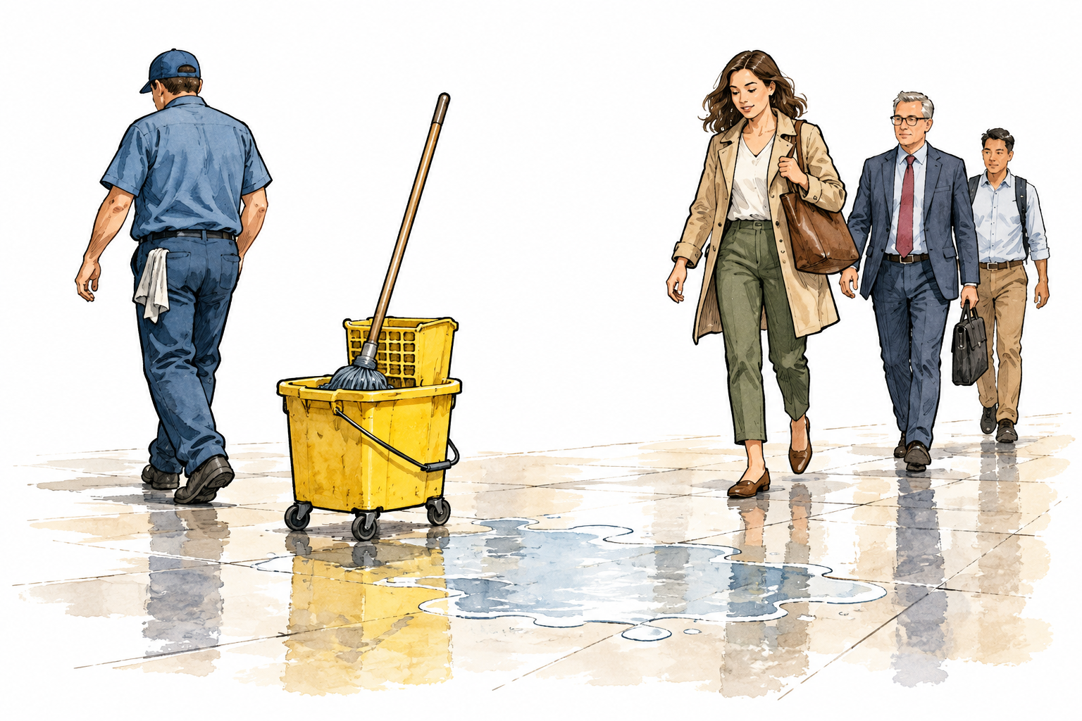 Worker leaves a wet floor and bucket without any barrier while pedestrians approach unaware, failure of reasonable care shown, no injury or signs.