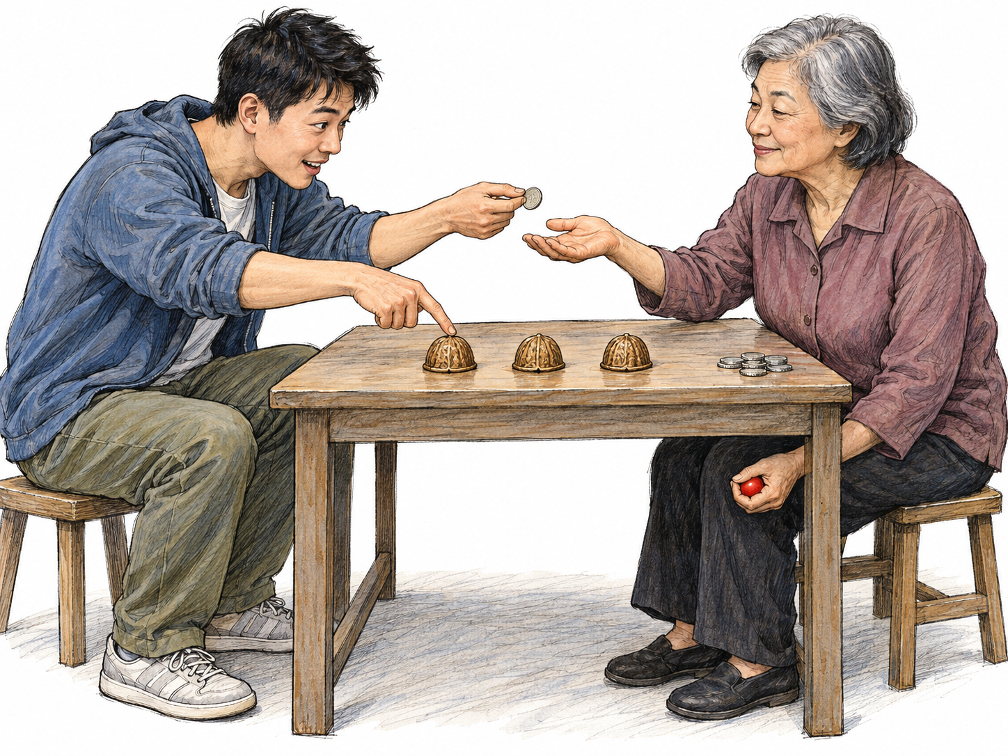 A trusting shell-game customer offers another coin while the operator secretly holds the ball below the table, making him the visibly exploited target of a rigged game.