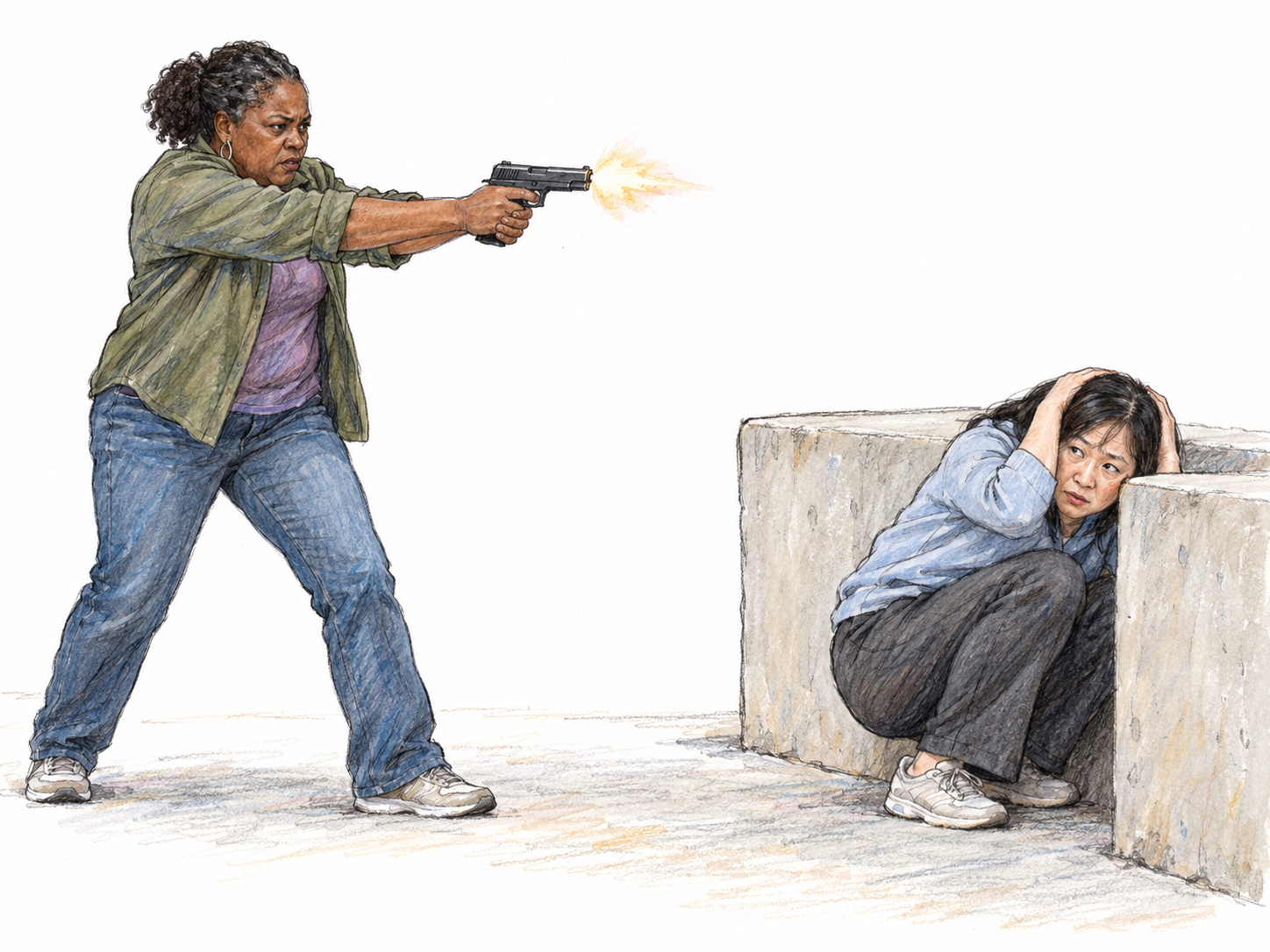 A restrained, non-graphic depiction of a shooting: a woman fires a handgun toward another woman who ducks behind a low concrete barrier.