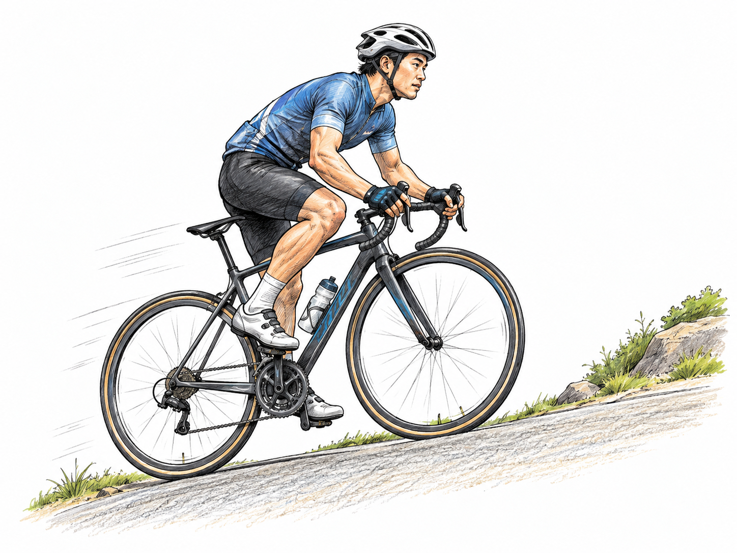 A cyclist coasts briskly up the lower part of a gentle rise after descending, wheels and forward posture convey continuing motion and gathered progress; only a short curved ground line.