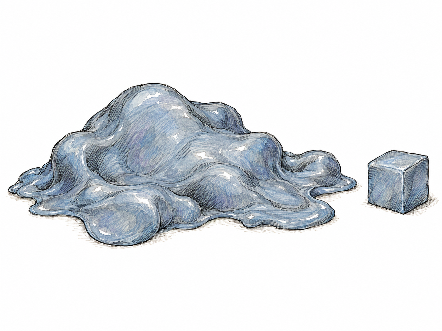 A shapeless mass of soft gray-blue gel sprawls in an irregular puddle, contrasted with a small, precisely formed cube of the same material.