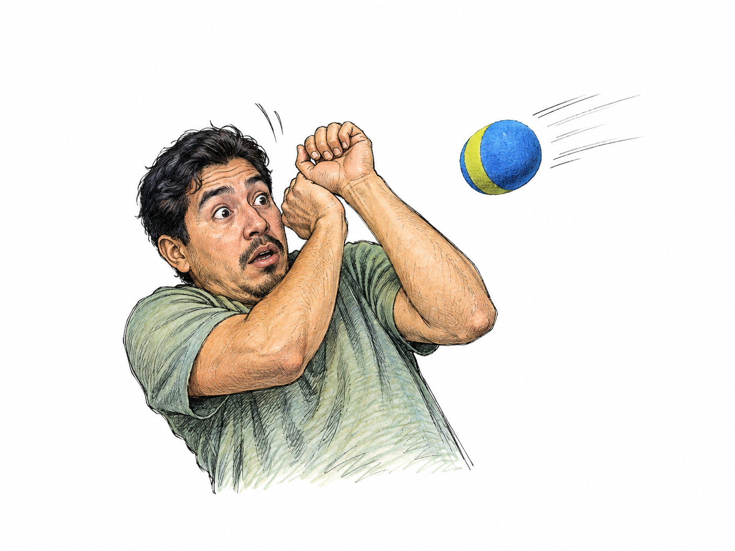 A person instinctively lifts both forearms to protect the face as a foam ball approaches unexpectedly; one approaching ball, startled eyes, automatic protective response without injury.