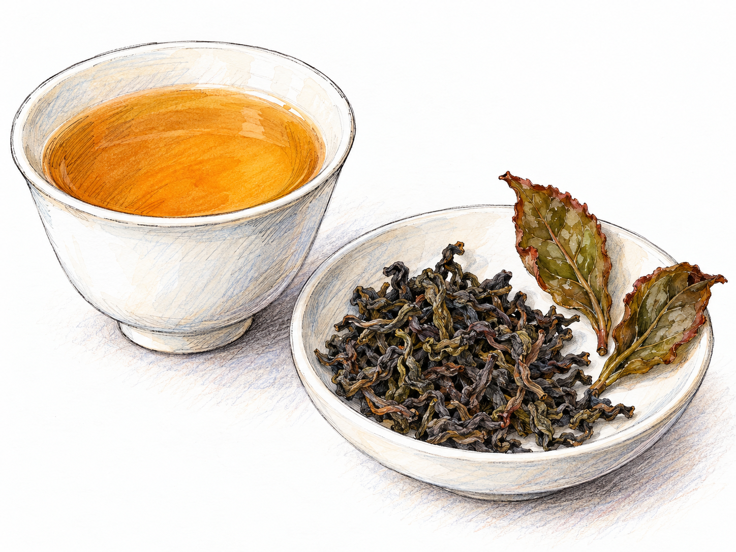 A small white porcelain cup of amber oolong tea beside a shallow dish of dark, loosely twisted dry tea leaves and a few unfurled brewed leaves showing olive-green centers and reddish-brown edges.