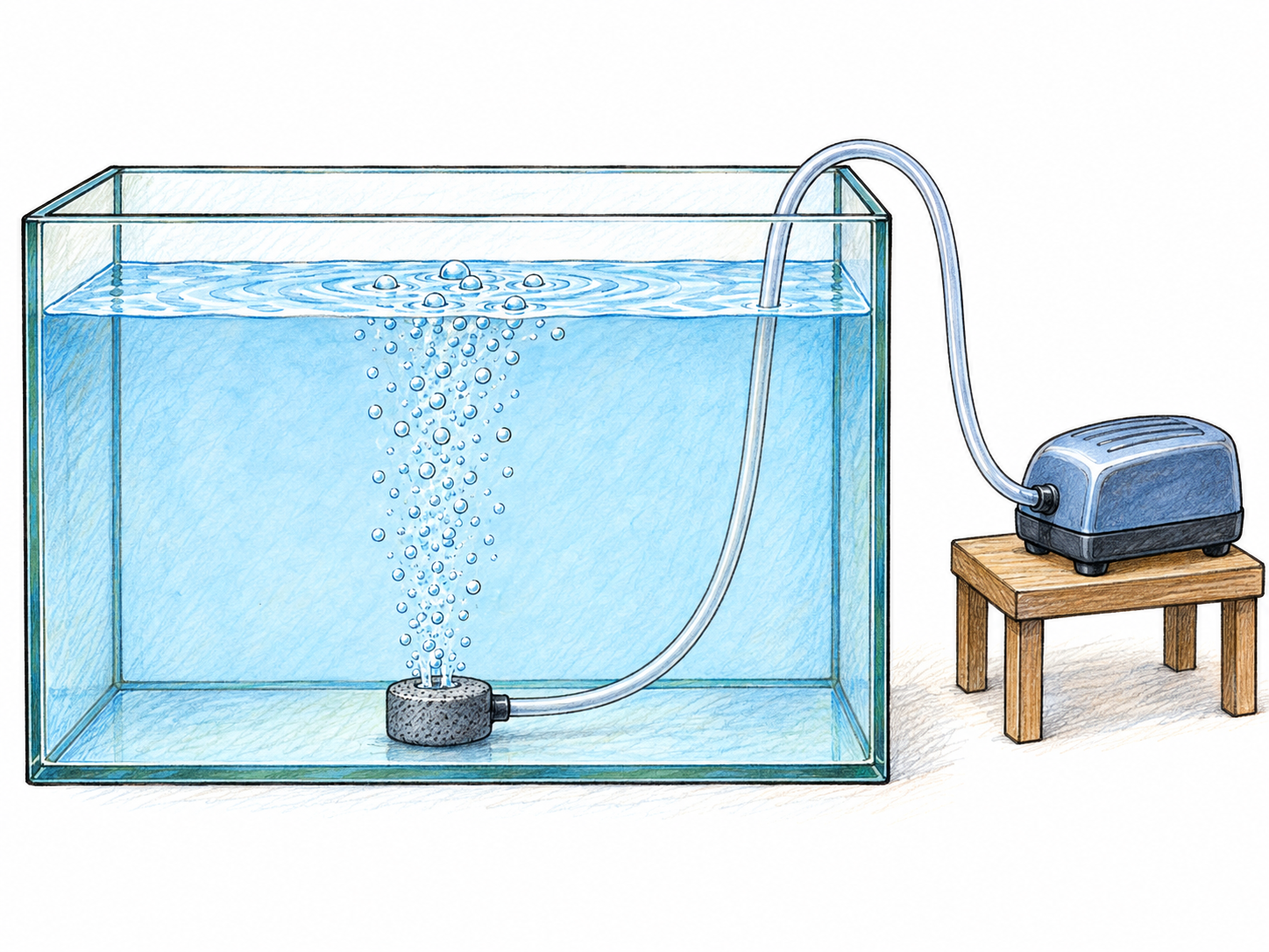 A small external air pump feeds a hose into a transparent water tank, where a submerged air stone releases a clearly visible plume of bubbles into the water.