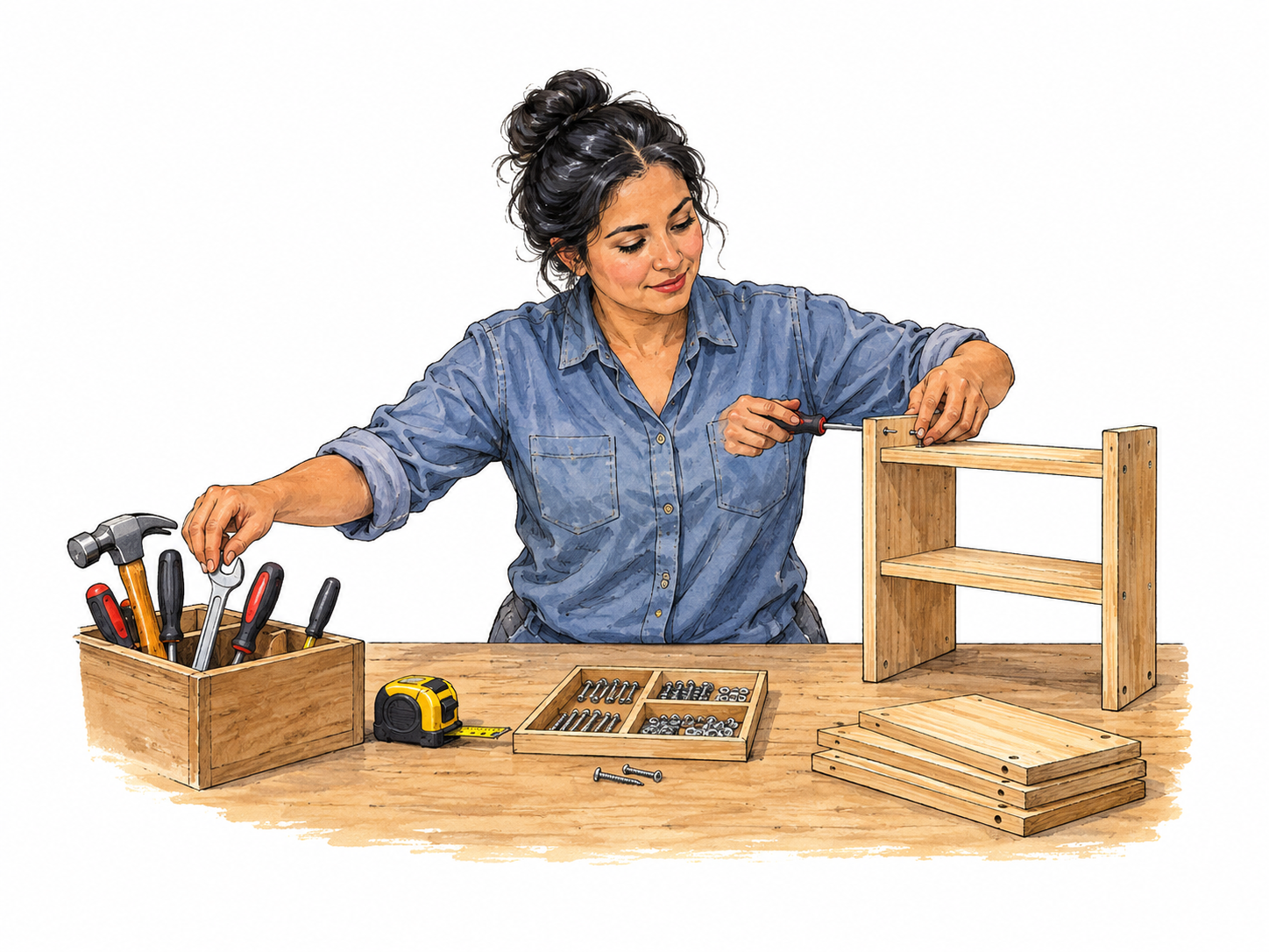 Person successfully coordinates three tasks at workshop bench, arranging tools and assembling a small shelf with orderly components.