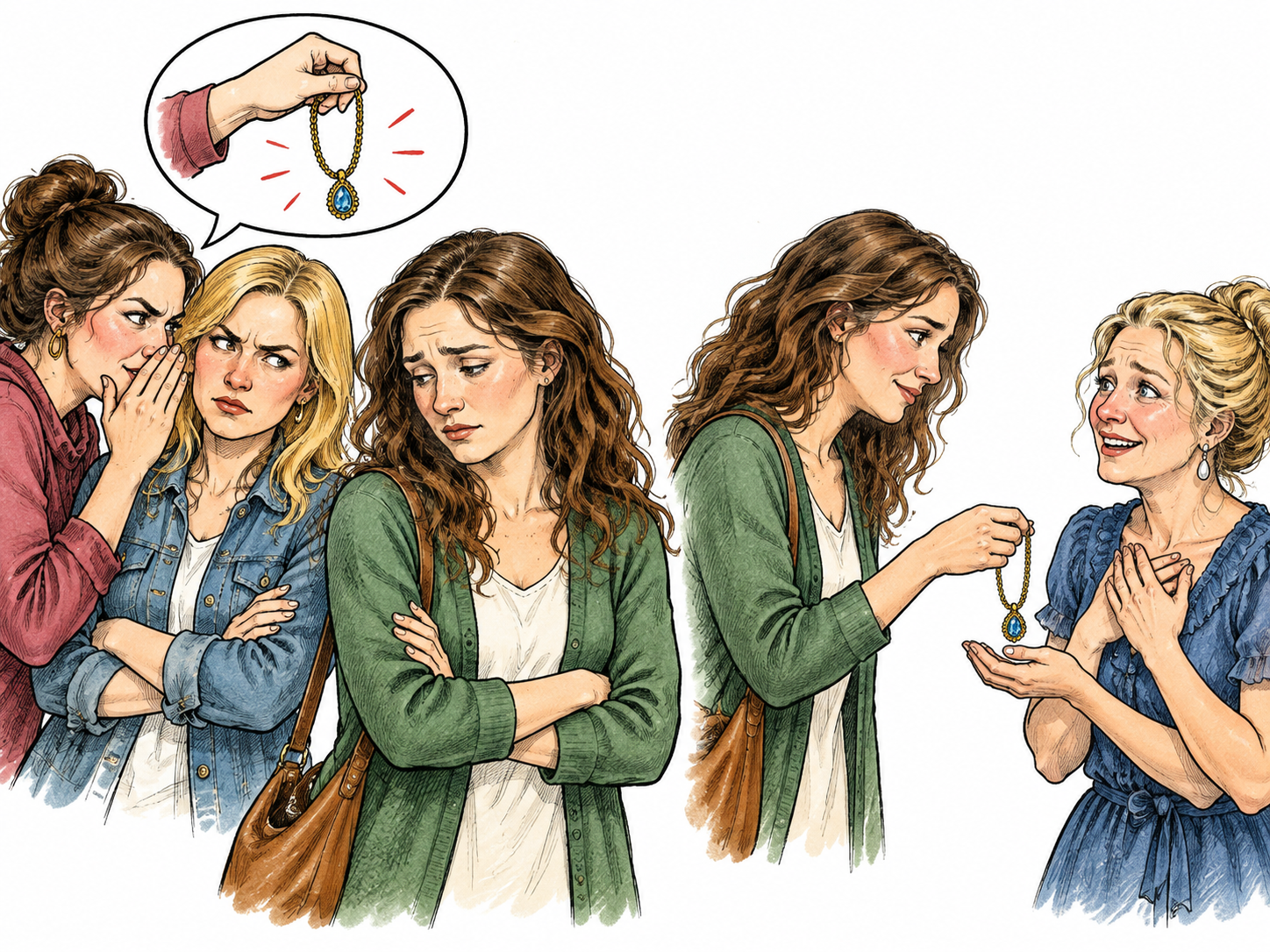 A white woman maliciously whispers a false necklace-theft accusation to two friends, who shun another white woman.