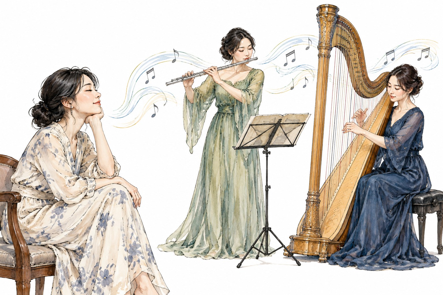East Asian woman listens peacefully to a small ensemble of flute and harp, flowing gentle musical curves show pleasing harmonious sound.