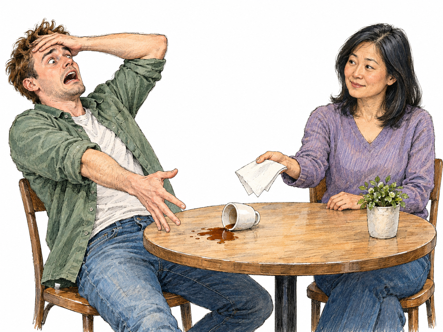 A young man reacts to one small coffee spill with an extravagantly theatrical pose while a nearby woman calmly offers a napkin.