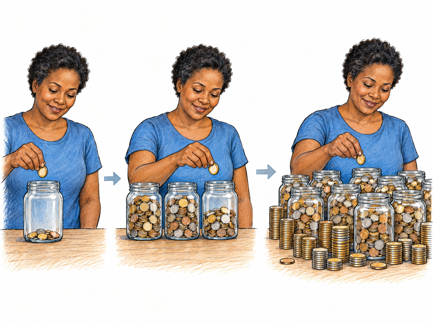 A three-stage visual sequence shows the same woman repeatedly adding coins to her collection: a few coins in one jar, several filled jars, then a large accumulation of filled jars and coin stacks.