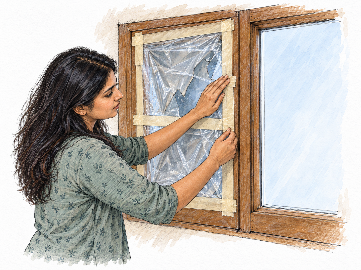 A makeshift plastic covering taped over a broken window: visibly provisional protection rather than a durable replacement.