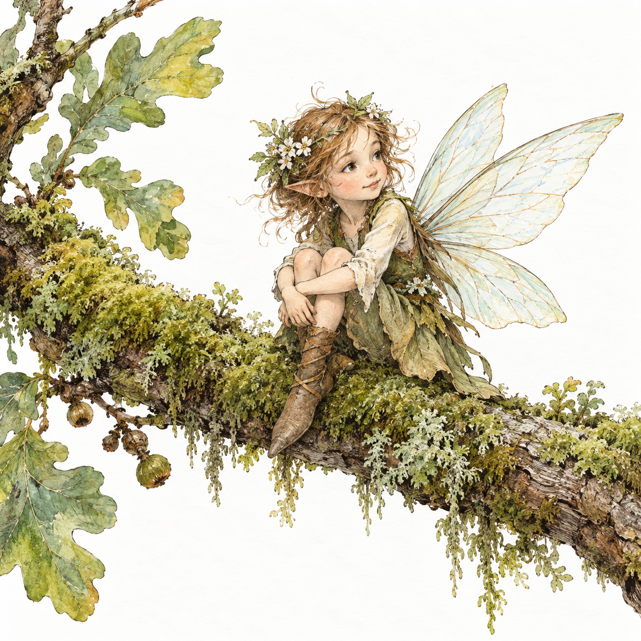 A small fully clothed woodland sprite with delicate translucent wings rests on a mossy branch, clearly a tiny supernatural being, gently luminous and naturally proportioned.