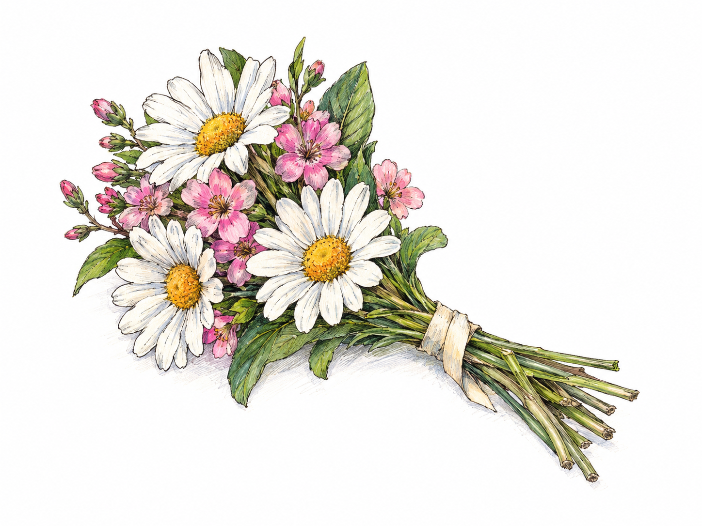 A single compact bunch of fresh flowers, its short stems gathered with a simple ribbon, isolated on white.