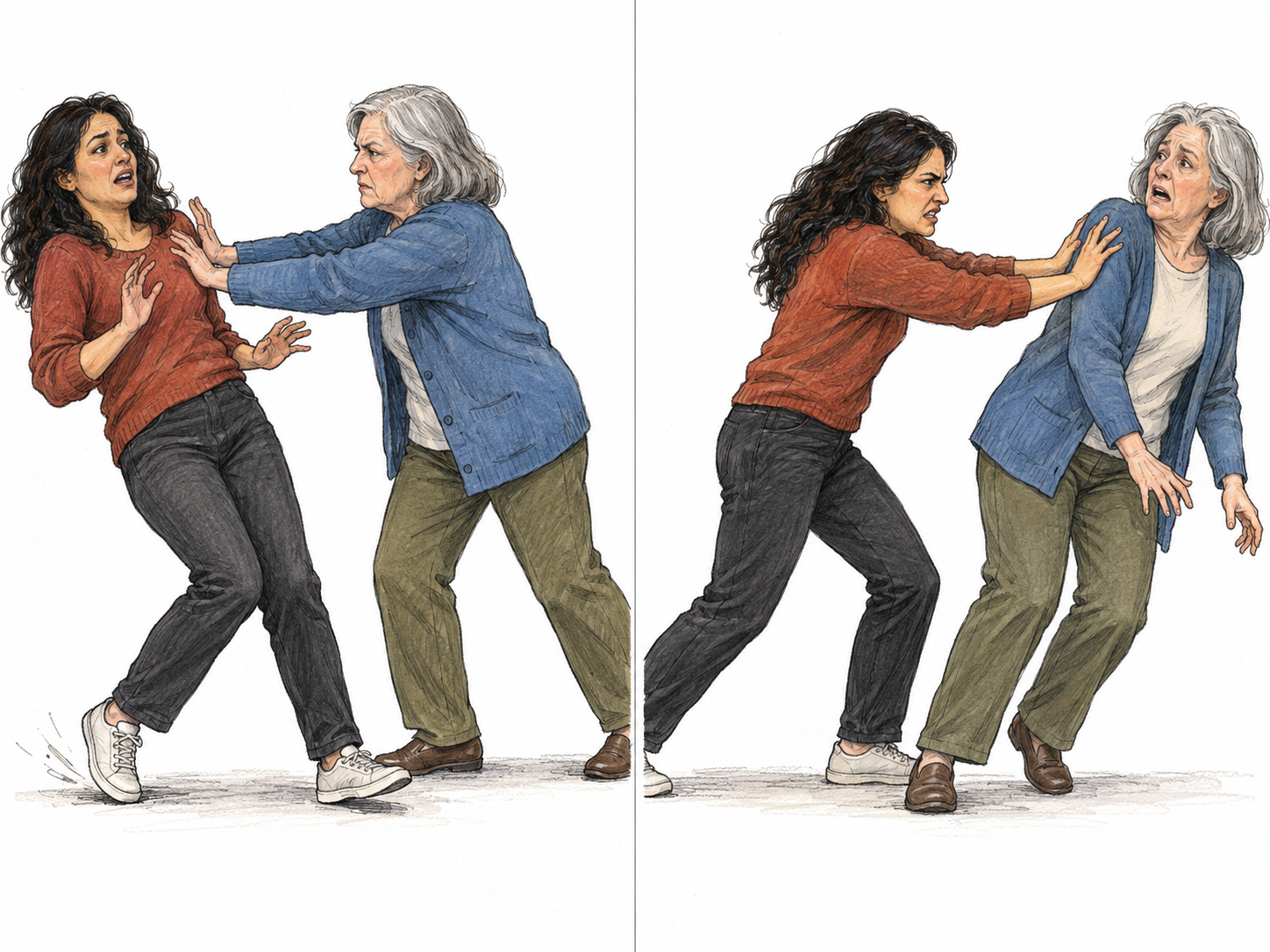 A text-free two-panel sequence shows an older woman forcefully shoving a younger woman, followed by the younger woman angrily shoving her back.