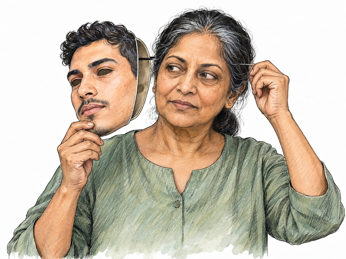 An impostor briefly lifts a lifelike disguise mask, revealing that her real face differs from the person she is pretending to be.