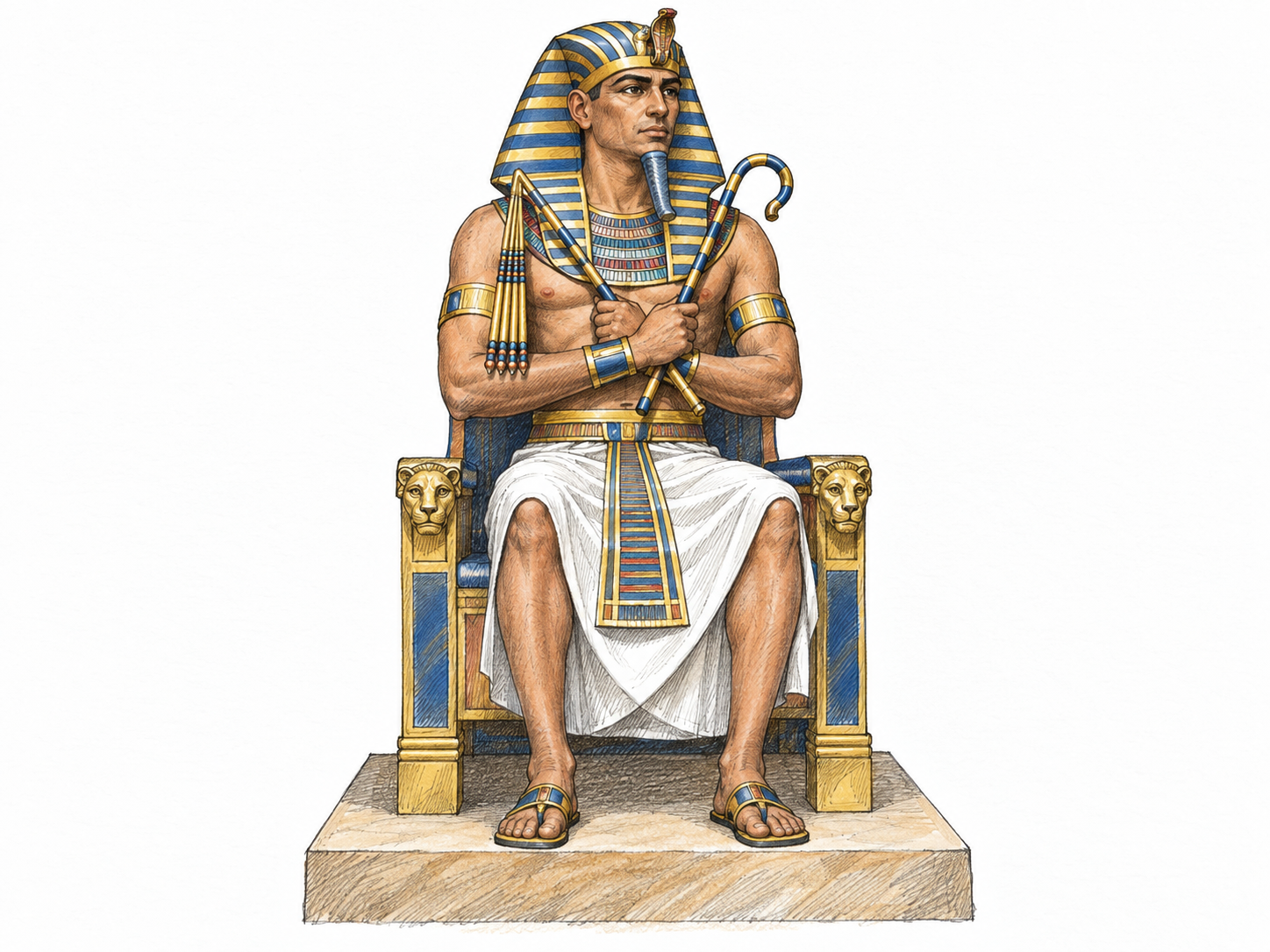 An ancient Egyptian pharaoh seated upright on a royal throne, wearing a striped nemes headdress with a cobra ornament and holding the crook and flail crossed over his chest.