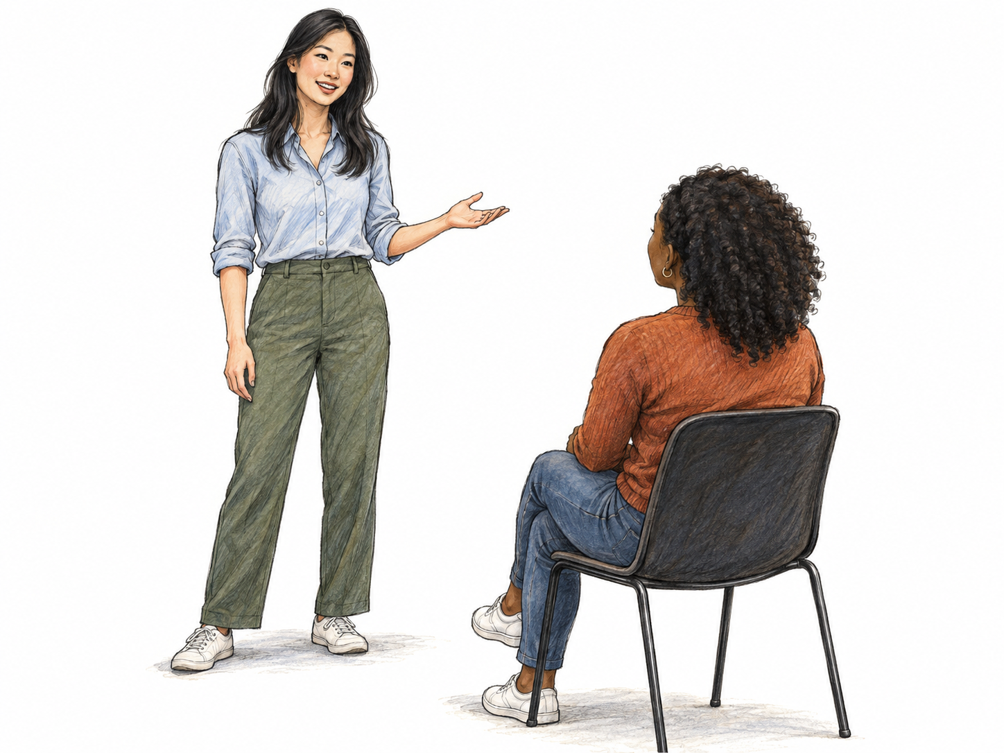A poised young woman confidently addresses a small audience, standing upright with relaxed shoulders, direct eye contact, a slight assured smile, and an open explanatory gesture rather than hiding behind her notes.