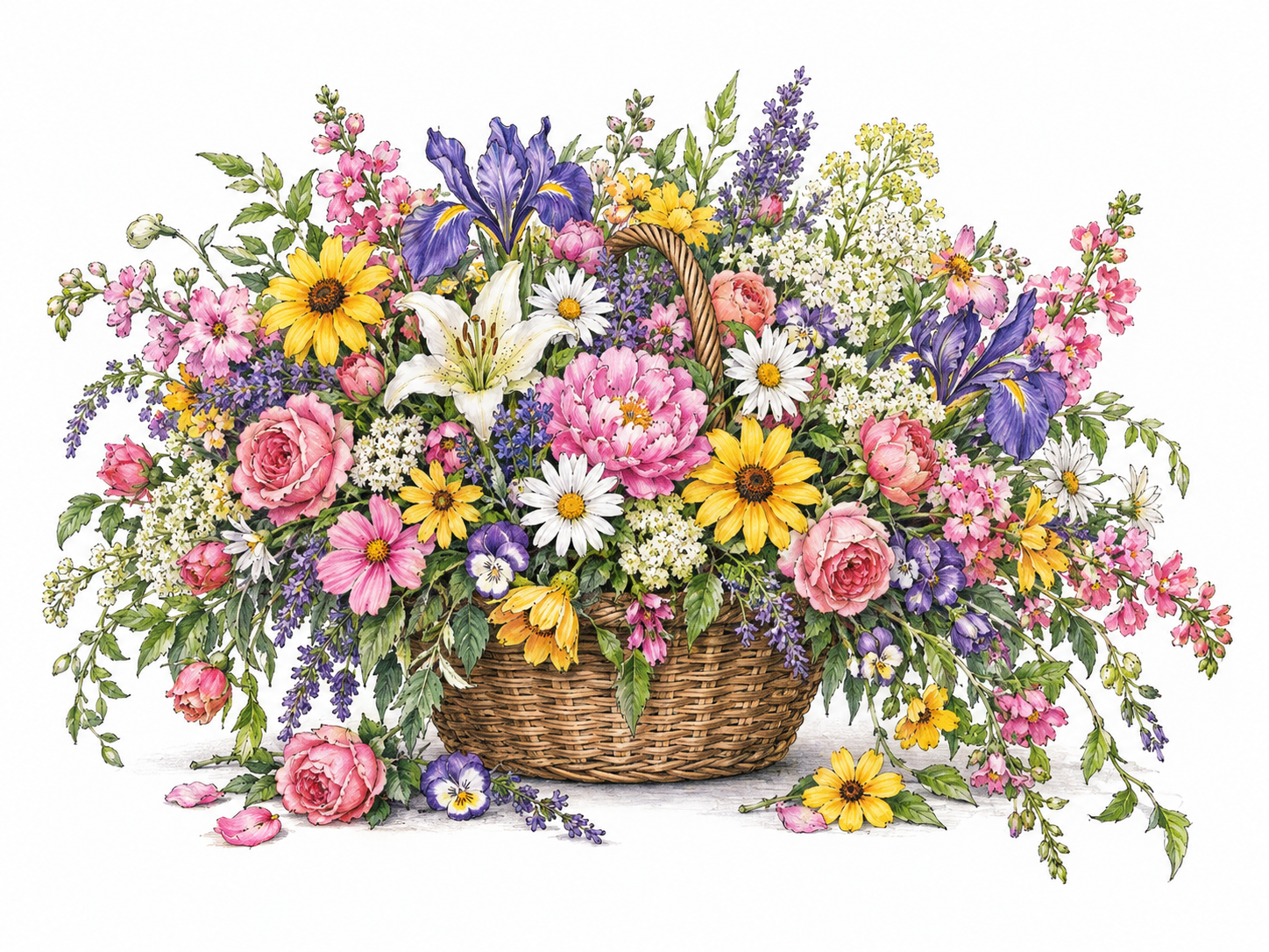 A modest flower basket nearly hidden beneath an exceptionally abundant mass of fresh blossoms, with flower-laden stems cascading far over both sides.