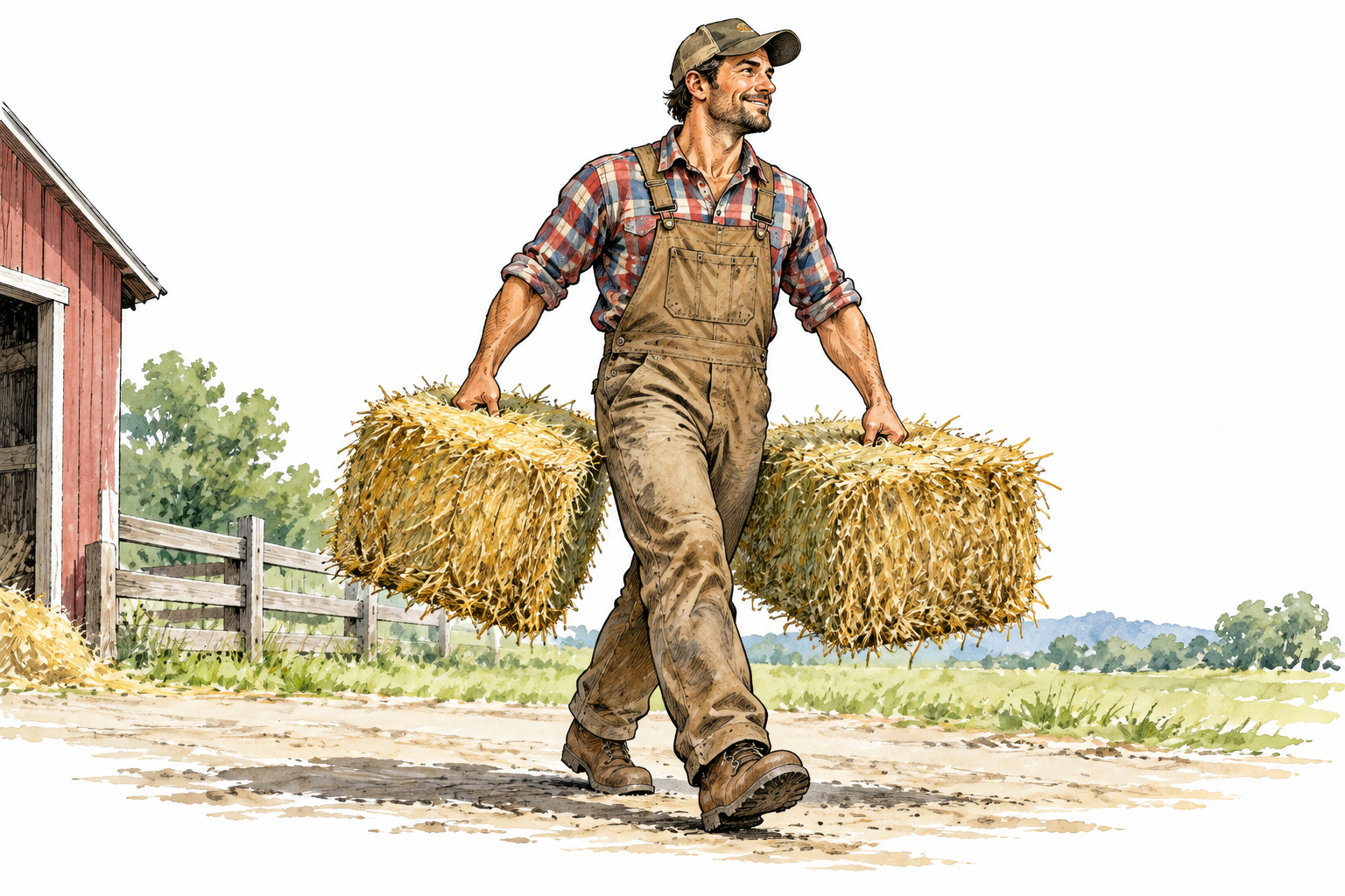 Tall strong healthy-looking adult farmworker easily carries two full hay bales, natural realistic proportions.