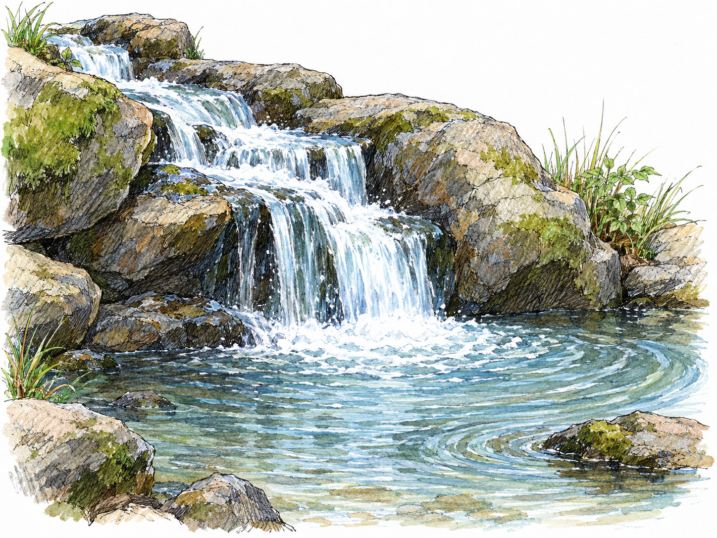 A small stream tumbles over several low rock ledges into a shallow pool, clearly depicting the literal waterfall sense of cascade.