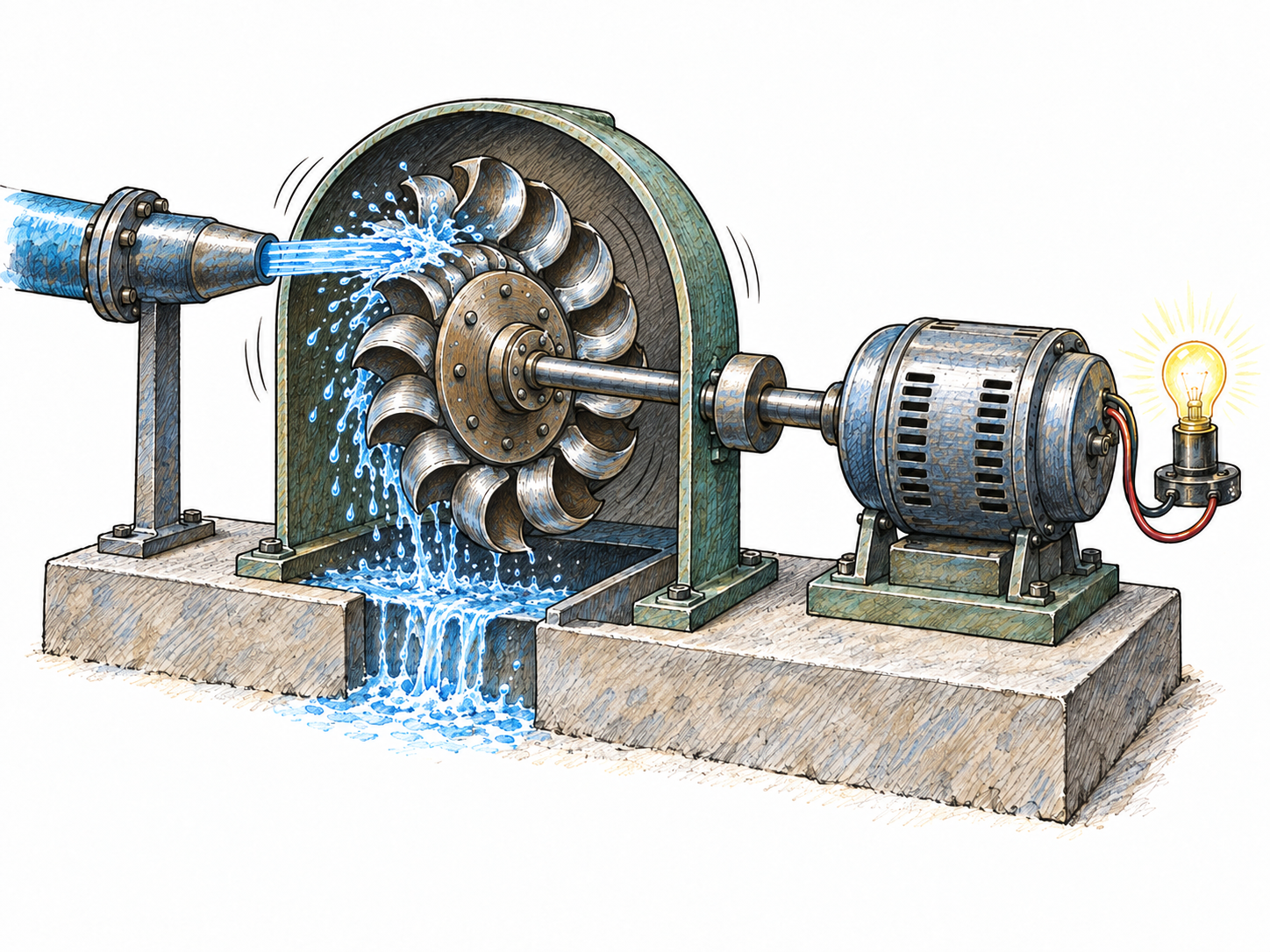 An exposed small water turbine: a directed jet of water strikes the curved runner blades, spinning a shaft connected to a compact generator and a glowing lamp.