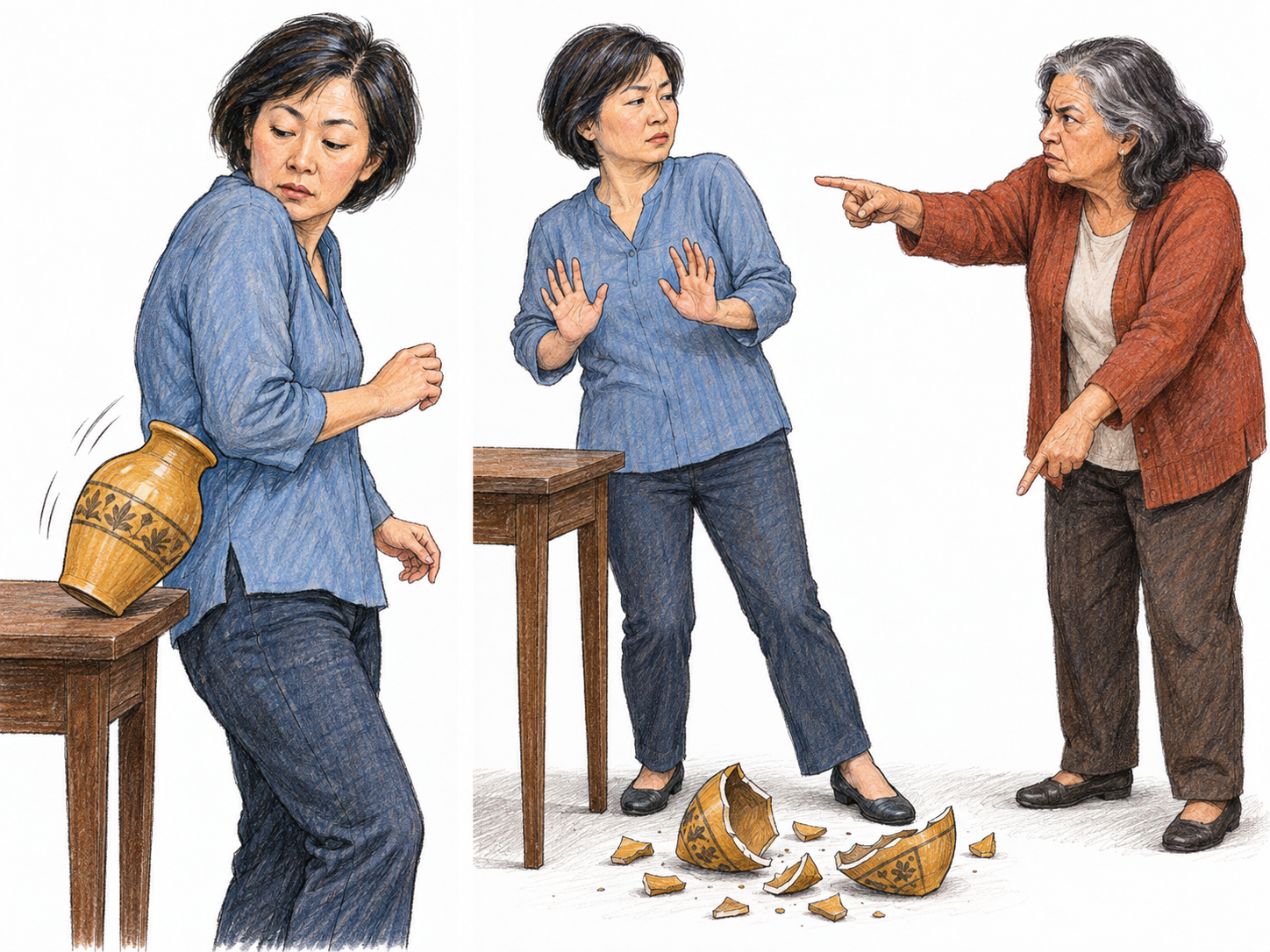 A compact two-panel sequence shows a woman accidentally knocking over a vase, then visibly denying responsibility when another woman confronts her about the broken pieces.