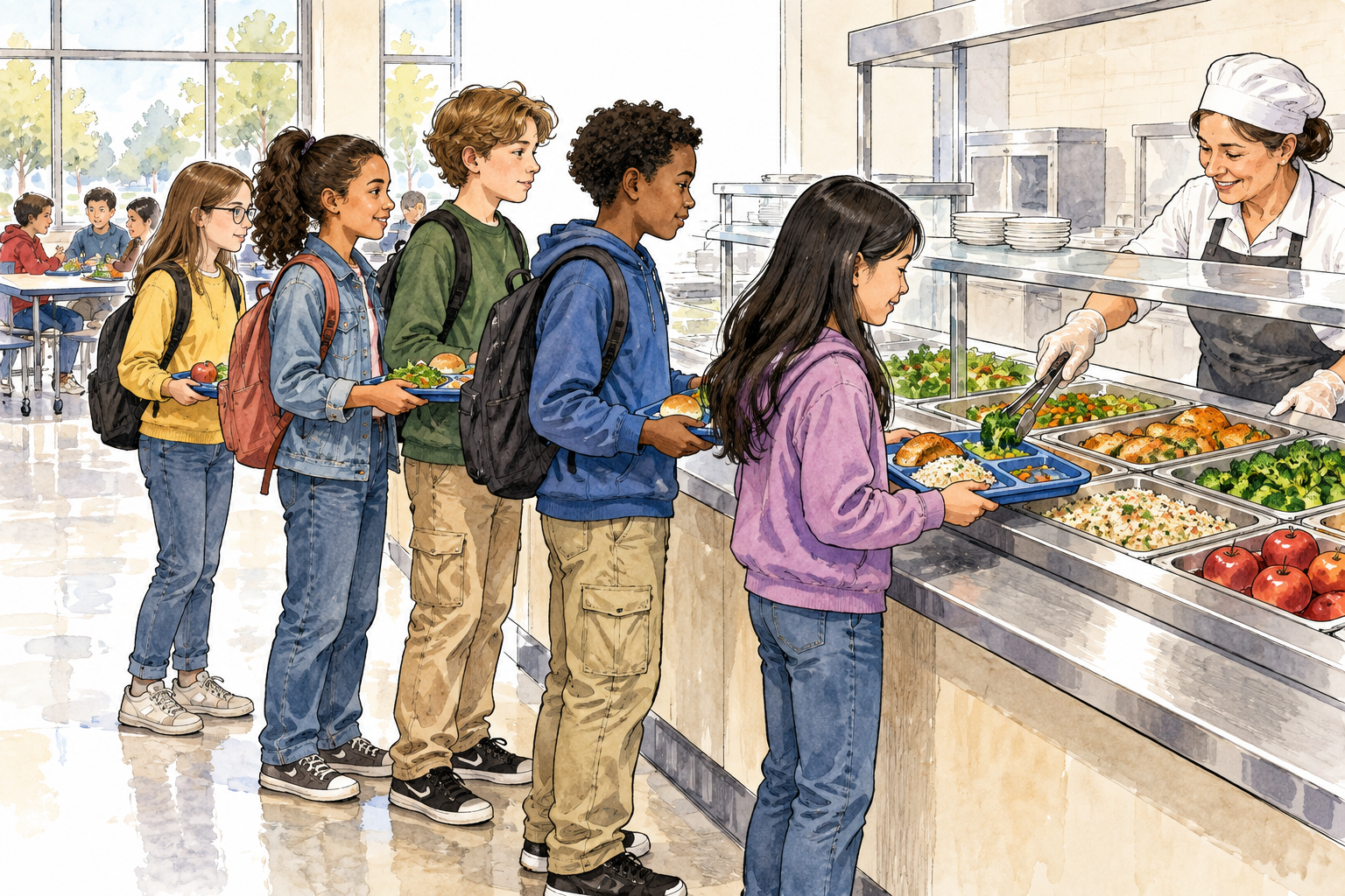 A diverse school cafeteria queue chooses prepared dishes from a serving counter with trays, clear self-service dining area.