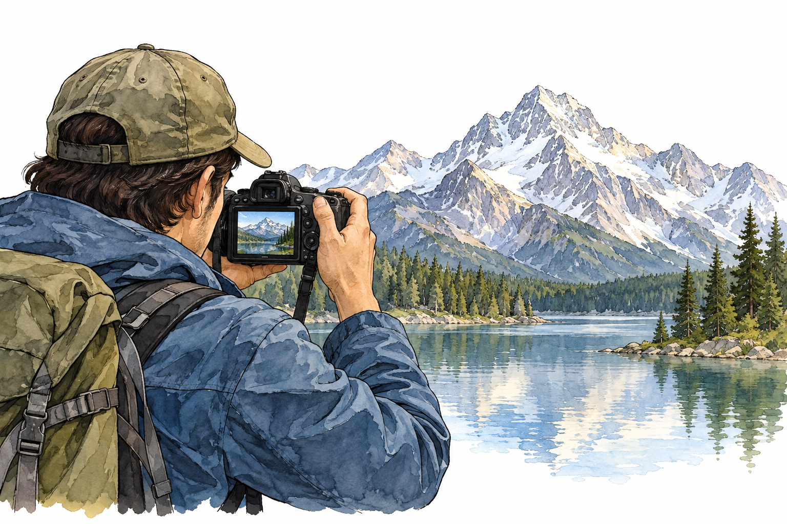 Photographer takes one photo of mountain view, camera rear screen shows captured landscape, single shot.