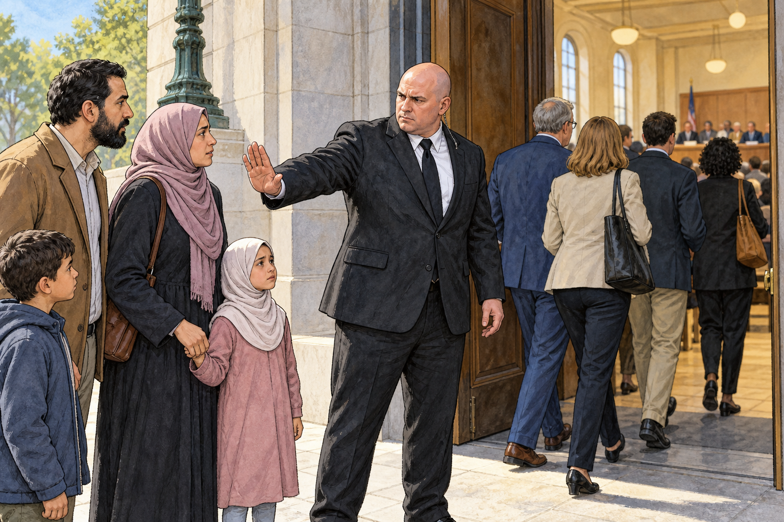 A family is unfairly barred from entering public meeting while others enter freely, targeted religious minority indicated by modest head coverings, distressed dignity, no caricature or violence.