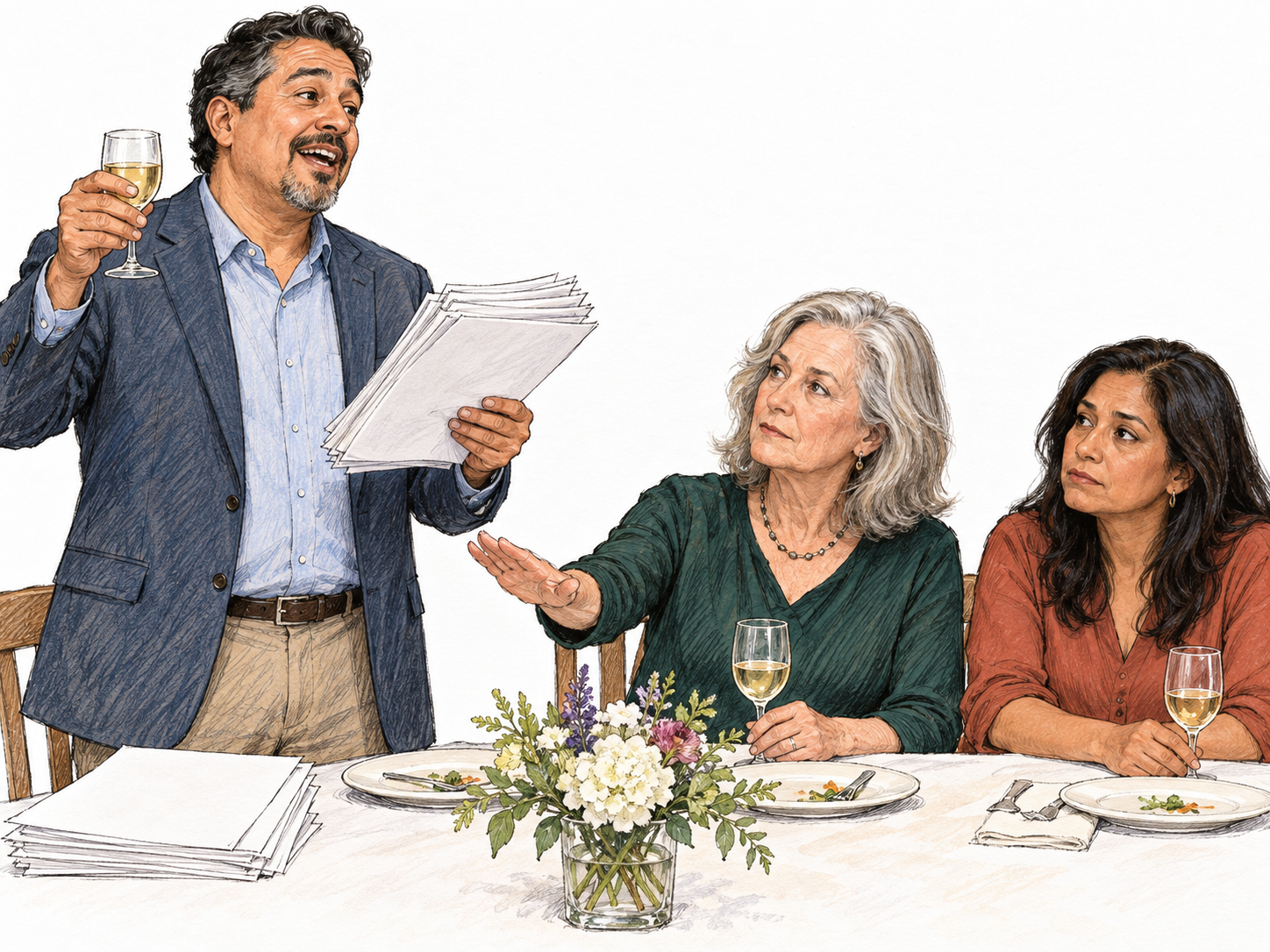 An excessively drawn-out dinner toast: a speaker continues reading from a thick sheaf of notes while the waiting diners lower their glasses and an older guest discreetly urges him to wrap up.
