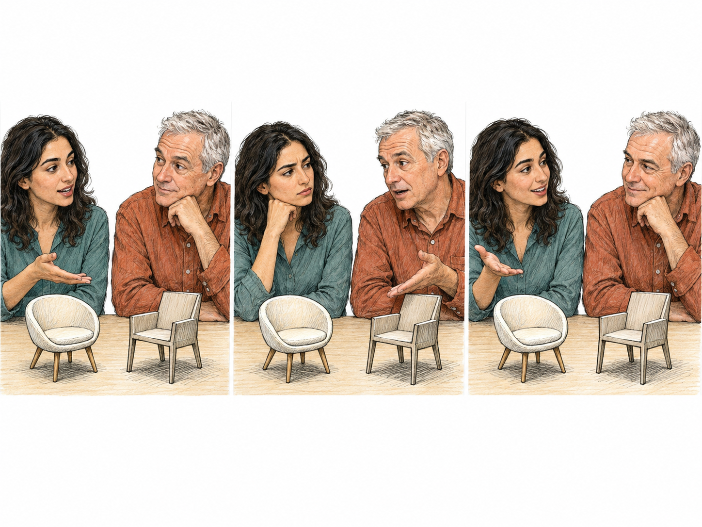 A compact three-beat sequence shows two peers trading animated remarks about alternative chair designs: one proposes, the other counters, and the first responds.