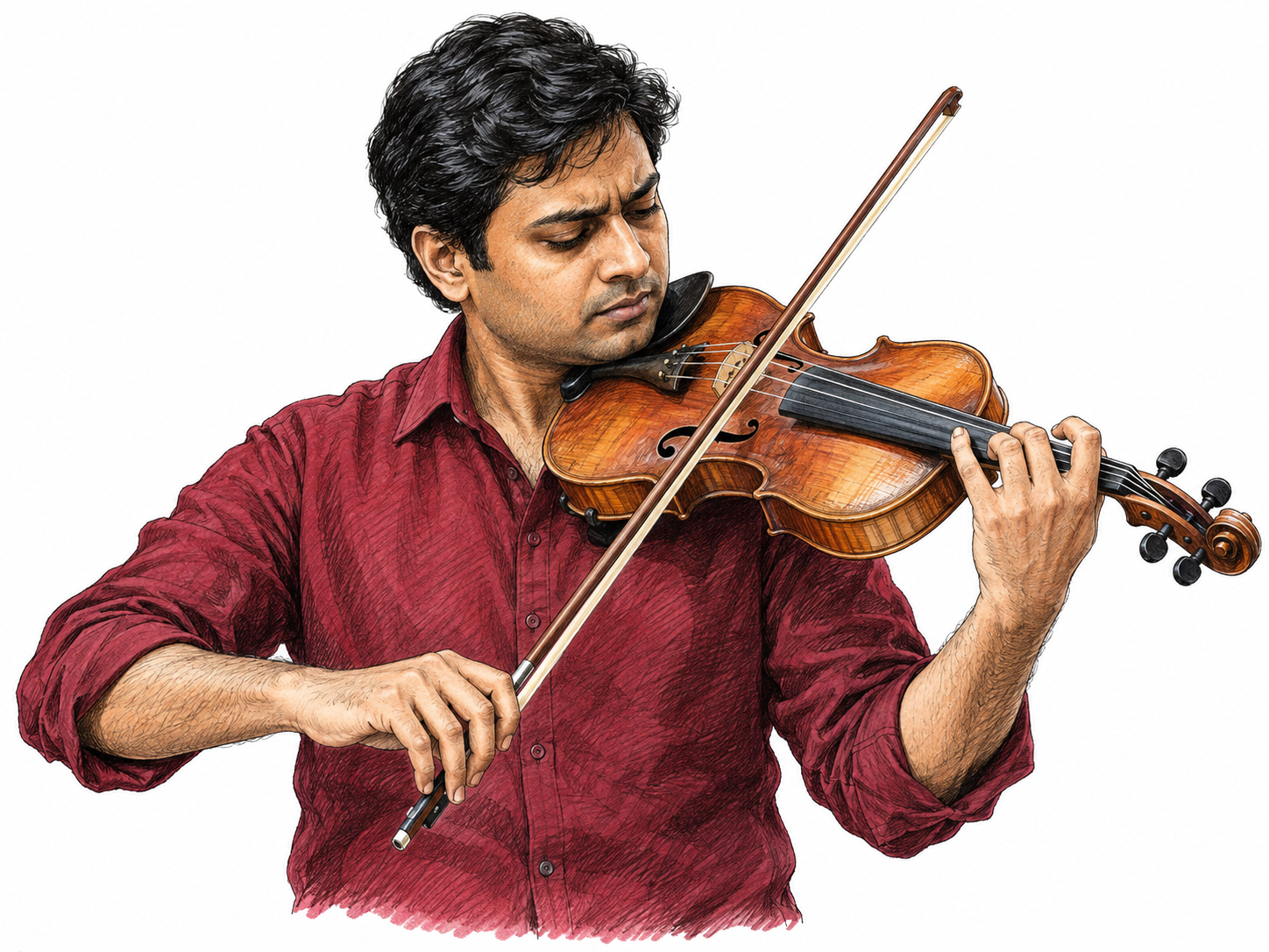 An accomplished violinist confidently plays a technically demanding passage with poised bowing and carefully positioned fingers on the fingerboard, focused expression; one musician with anatomically coherent hands and violin, no music notes or audience.