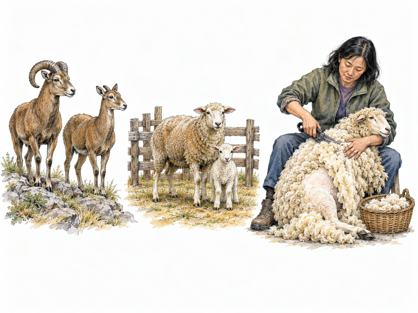 A compact three-stage comparison shows wild sheep, a human-managed breeding flock, and woolly domestic sheep being shorn for useful fleece.