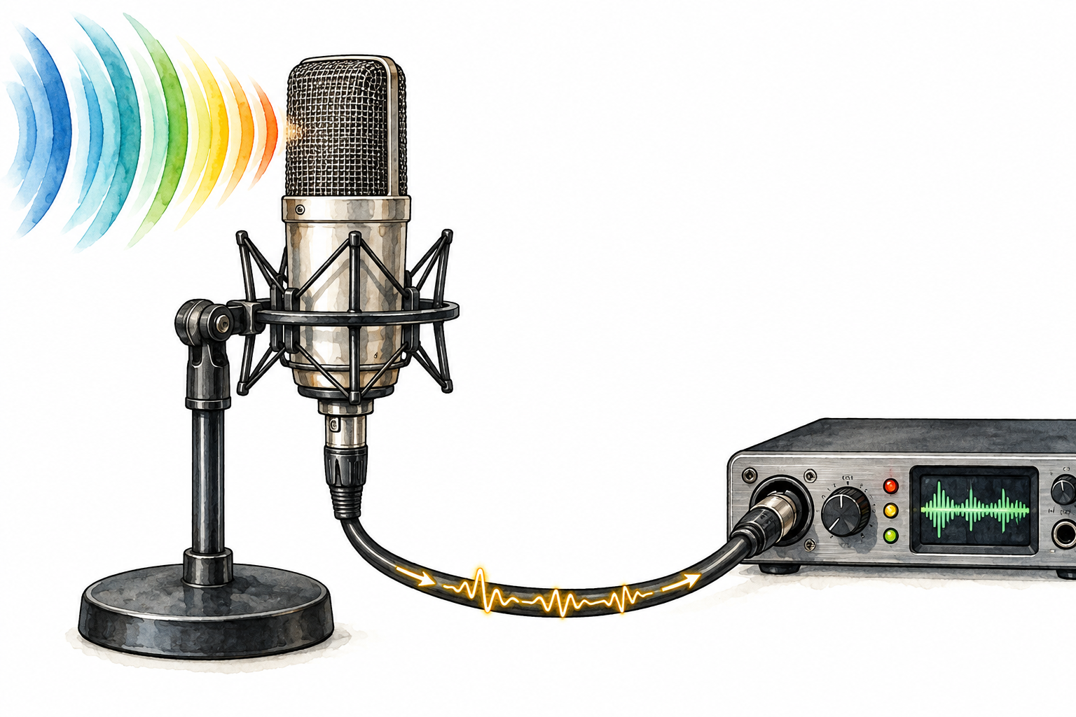 Detailed studio microphone on stand, sound waves enter grille and wire carries small electrical waveform toward recorder.