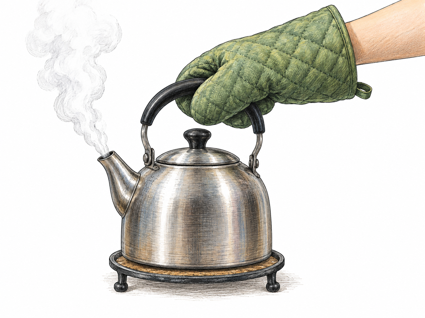 A steaming plain metal kettle sits on a small heatproof trivet while an oven-mitted hand holds its handle, steam visibly rises from spout; compact kettle and protected hand only.
