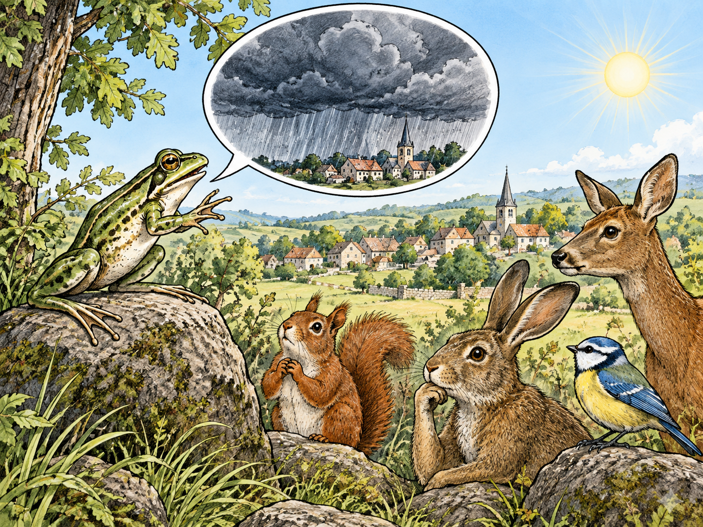 A storyteller predicts a future storm, shown as a picture-only speech bubble of dark clouds above a village, while the actual village outside remains sunny.