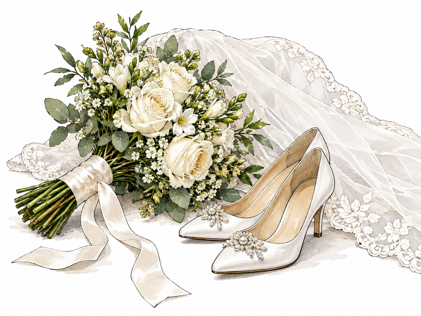 Bridal veil bouquet and white wedding shoes arranged naturally.