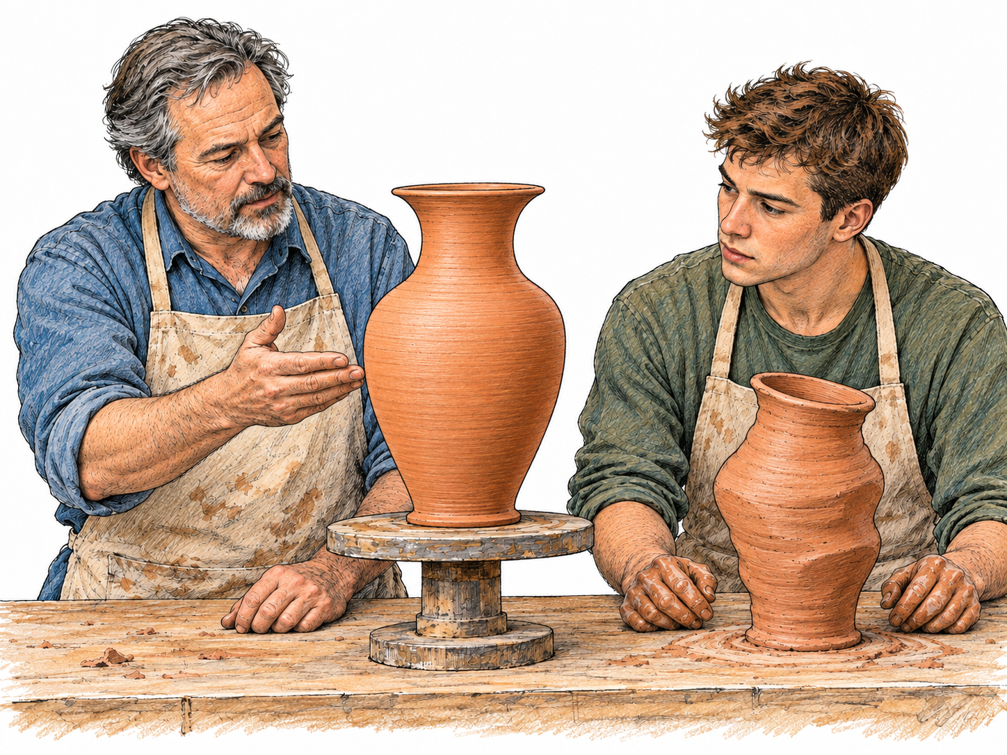 A pottery instructor presents a beautifully proportioned vase as the model for an apprentice, whose matching vase is visibly uneven.